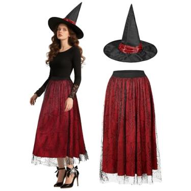 Imagem de Saias femininas de Halloween com chapéu de bruxa, morcegos de veludo, saia midi de tule para festa à fantasia, Vermelho, Small-Medium