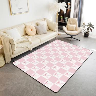 Imagem de Manfei Tapete com laço rosa 1,5 x 1,80 m, laço sonhador, xadrez, geométrico, patchwork, tapete decorativo antiderrapante, estilo princesa, gravata borboleta, feminino, rosa, branco, para sala de jogos