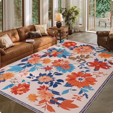 Imagem de Clemile Tapete floral 1,8 x 2,5 m - Antiderrapante Lavável à Máquina Tapete de Sala de Estar - Tapete Macio para Decoração de Casa Bege Colorido