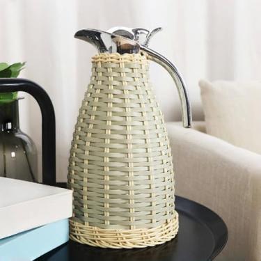 Imagem de SXYMTSW Jarra de café com isolamento térmico de 2 litros, jarro de vime retrô, vácuo de parede dupla, com tampa de silicone, para manter líquidos quentes, casa, restaurante, apartamento (cor: azul