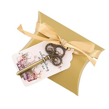 Imagem de Grcfumo Abridor de garrafas de chaves, abridor de garrafas vintage com etiquetas de acompanhante Card de seda, decoração do festival de casamento para presentes de casamento (Ciano retro)