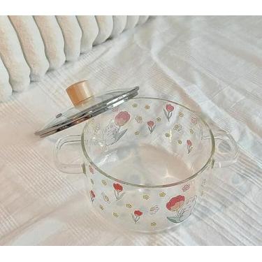 Imagem de INSTR Tigela de macarrão de vidro de orelha dupla fresca com tampa tigela de macarrão adorável para estudante tigela de sopa de grande capacidade alta temperatura