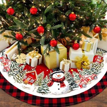 Imagem de Saia para árvore de Natal 91 cm, xadrez de búfalo vermelho com caminhão, boneco de neve, floco de neve, casa de fazenda, tapete de árvore de Natal de inverno para decoração interna e externa
