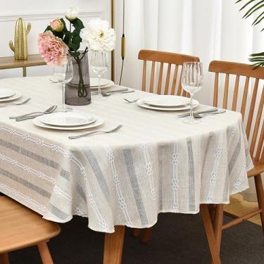 Imagem de Limalred Toalha de mesa oval bordada listrada rústica, resistente a vincos, de linho pesado, resistente a rugas, capa de mesa de jantar para decoração de festa na cozinha, banquete, 132 x 182 cm, bege