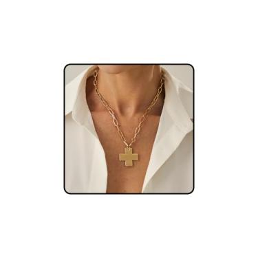 Imagem de Colar de cruz grossa de ouro para mulheres, moderno, banhado a ouro 14 k, colar com pingente de cruz, hipoalergênico, clipe de papel, gargantilha, acessórios para ela, Zinco, Sem Pedra Preciosa