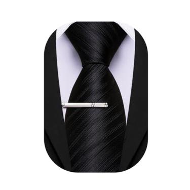 Imagem de Barry.Wang Gravata masculina de seda listrada formal e clipe de gravata para festa de casamento, negócios, moda clássica, Preto A, tamanho �nico