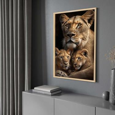 Imagem de Quadro com Moldura Leoa 2 Filhotes Decorativo Grande Sala Quarto Hall