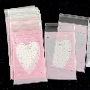 Imagem de 50 unidades de sacos de celofane com laço e coração, 15 x 9,9 cm, rosa autovedante, saco de violoncelo, adesivo transparente e resselável, OPP, sacos de presente de plástico para joias de doces