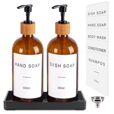 Imagem de Glass Soap Dispenser, 16oz Shampoo Bottles with Pumps & Tray & Waterproof Labels Set, Liquid Container Counter Organizers for Bathroom Kitchen Lotion Conditioner, Home Decor Essentials (Amber)