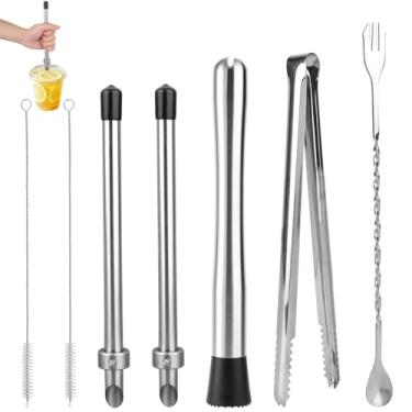 Imagem de Conjunto de 7 Peças de Furadores Canudo para Limonada, Incluindo 2 Furadores Canudo Aço Inoxidável, 1 Agitador, 1 Colher Mistura, 1 Espremedor Limão e 2 Escovas Canudo para Suprimentos Frutas