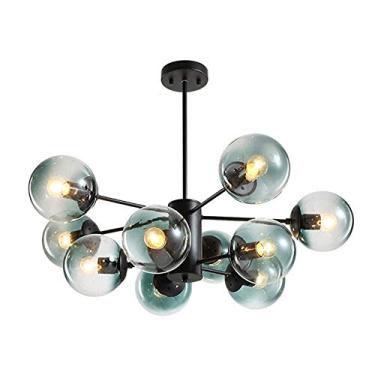 Imagem de Lustre moderno preto fosco semi-embutido com abajur de vidro esférico estilo meados do século para decoração de sala de jantar e sala de estar 6 cabeças pendentes de vidro conhaque