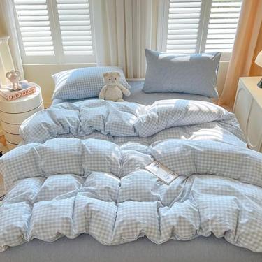 Imagem de BOLINLIVING Conjunto de 3 peças, cama king size macia e respirável em uma bolsa, xadrez azul claro e branco para todas as estações, 1 edredom e 2 fronhas