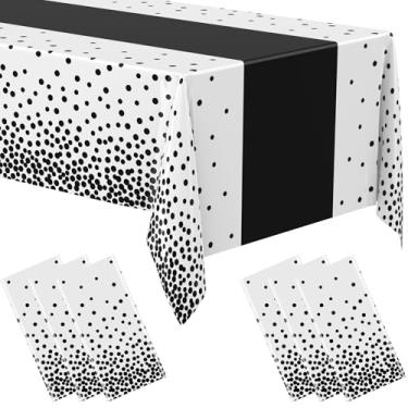 Imagem de Oudain 6 peças de toalha de mesa branca e preta para festas, toalhas de mesa de plástico estampadas, à prova d'água, descartável, retangular, capa de mesa para aniversário, casamento, formatura, festa