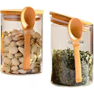 Imagem de Kit 2 Potes Herméticos de Vidro 450ml com Tampa de Bambu e Colher — Porta Mantimentos Decorativo para Café, Açúcar, Temperos e Especiarias | Organização de Cozinha Minimalista