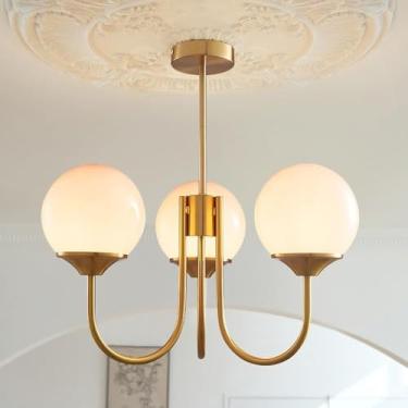 Imagem de Lustre suspenso de meados do século, lustre de vidro branco leitoso, simples, americano, para quarto principal, lustre rosa para quarto de menina, lustre dourado para sala de jantar, sala de