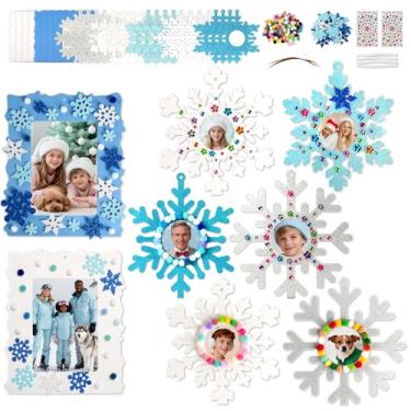 Imagem de Pacote com 28 porta-retratos de inverno, kit de artesanato para crianças, floco de neve com glitter, moldura de papel, artesanato, com adesivos e pompons, enfeites para pendurar em árvore de Natal