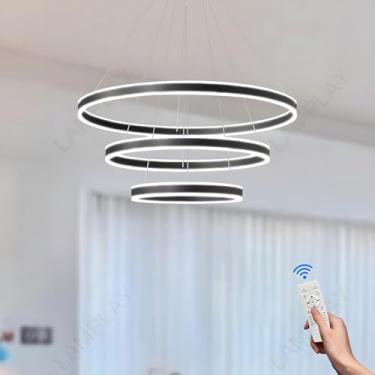 Imagem de Luminária pendente redonda LED regulável, 3 anéis, lustre preto com controle remoto, altura ajustável 3000K 6000K, ideal para hall de entrada, sala de estar, quarto, cozinha, ilha (Ø20+40+60
