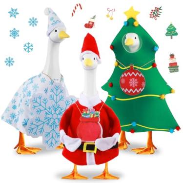Imagem de Conjunto de 3 conjuntos de roupas de inverno para varanda e ganso para pendurar árvore de Natal fantasia de ganso boneco de neve de inverno Papai Noel estátua de varanda roupas adequadas para festa de