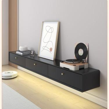 Imagem de Prateleiras montadas na parede de 140 a 240 cm, suporte de TV flutuante montado na parede com gavetas, preto, moderno centro de console de mídia, suporte grande de armazenamento para TV Living Roo