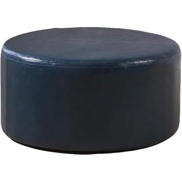 Imagem de Mesa de centro moderna redonda grande de couro sintético decorativo, apoio para os pés, altura de 35 cm, para sala de estar, quarto, azul-marinho, diâmetro: 60 cm (60 cm)