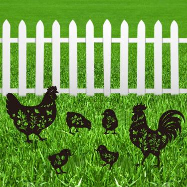 Imagem de Riletese Estaca de jardim de galinha para decoração de quintal ao ar livre – Conjunto de 6 enfeites de gramado de galo de metal, presente para amantes de galo feminino/masculino, arte de jardim de