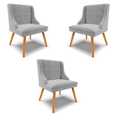 Imagem de Kit 3 Cadeiras Decorativas Sala de Jantar Pés Palito de Madeira Firenze Suede Cinza/Natural G19 - Gran Belo