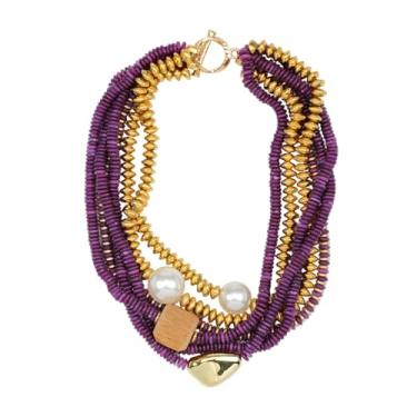 Imagem de Colar feminino Boho com vários fios, contas douradas, pérolas, madeira, tribal, étnico, negrito, chique, joia, 20.27 inch, Madeira Resina Pérola, Sem Pedra Preciosa