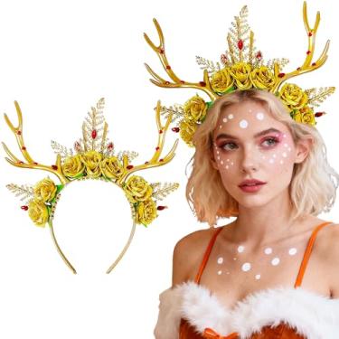 Imagem de JeVenis Christmas Reindeer Antler Headband Light Up Gold Deer Headband Fantasy Fairy Elven Festival Wear Party Hats