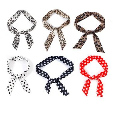 Imagem de Mimalexin 6 peças de faixas de cabelo chiques skinny, gravatas de pescoço com estampa de bolinhas de leopardo, cachecóis de bolsa de flores elegantes, faixas de cabelo coloridas de seda para mulheres
