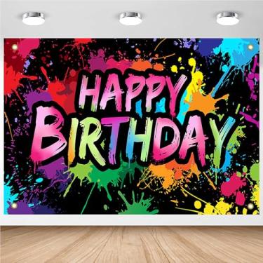 Imagem de Avezano Banner neon Happy Birthday Graffiti Happy Birthday Decorações de fundo para festa que brilha no escuro fundo colorido grafite respingo tinta suprimentos (2,1 x 1,5 m)