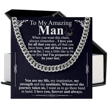 Imagem de VIRAGIL Colar de corrente cubana To My Boyfriend, colar de compromisso para namorado, colar de aniversário de 1 ano, presente para namorado, dia dos namorados, Natal, Aço inoxidável, Sem Pedra