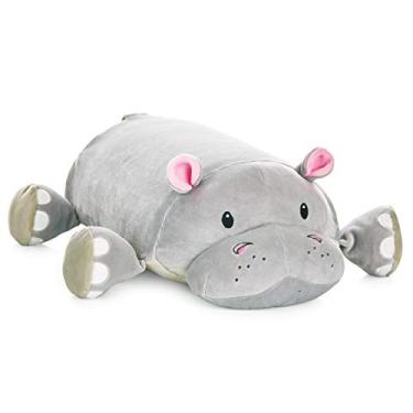 Imagem de MEMORY MATES Travesseiro de pelúcia de espuma viscoelástica do hipopótamo com diário infantil que armazena no bolso da barriga, animal de pelúcia de 38 cm, diário de 15 cm