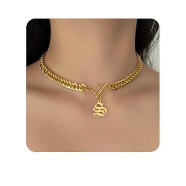Imagem de ADEMISHIA Colar feminino com inicial inglesa antiga em ouro 18 K, delicado pingente A-Z com corrente cubana de aço inoxidável, gargantilha grossa, colar gargantilha para presente de Halloween e Natal