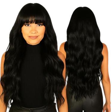 Imagem de Peruca Natural 100% Orgânica Preta Ondulada com Franja - MayaHair