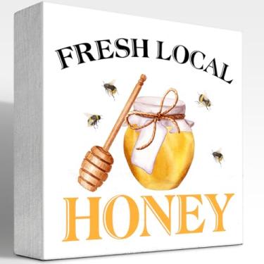 Imagem de z-crange Decoração de mesa de verão, placa de madeira de mel local fresca, decoração de mesa, placa de bloco de caixa de madeira de mel rústico para casa de fazenda, casa, cozinha, quinta, jardim,