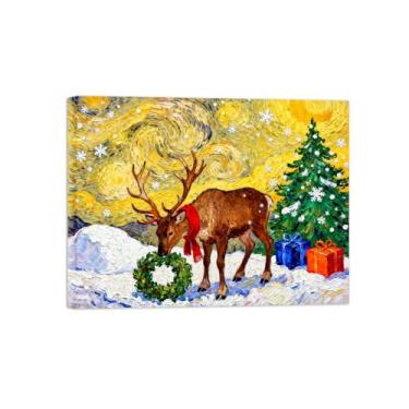 Imagem de Pinturas em tela Natal-Quadros Decoração de Parede-Guirlanda veados-Inverno Paisagens Impressões para Sala de Estar 60x80cm Tela Embrulhada