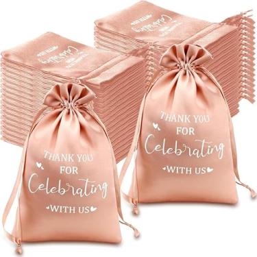 Imagem de Conjunto de 10 sacos de presente de cetim de casamento pêssego com cordão com estampa "Thank You for Celebrating with Us" 12,8 cm x 17,8 cm elegante saco de embalagem de tecido acetinado para festa