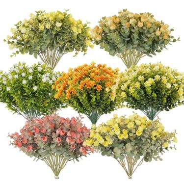 Imagem de ilauke Conjunto de 7 flores artificiais para ambientes externos, resistentes a UV, rosas falsas realistas em multicoloridas para decoração de varanda de jardim, buquê de plantas falsas para todas as