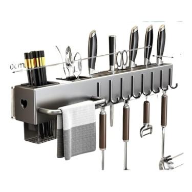 Imagem de Prateleira De Armazenamento Para Cozinha | Com Suporte Para Facas Com Ganchos E Suporte Para Panos De Prato(Cinza)