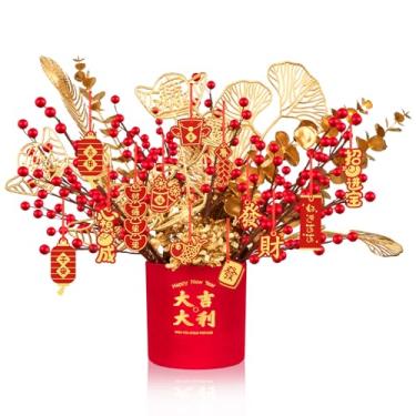 Imagem de Demonwer Saco de dinheiro artificial para plantas em vaso de ano novo chinês, frutas vermelhas e folhas douradas, flores artificiais, festival de primavera, balde de bênção de flores para decoração de