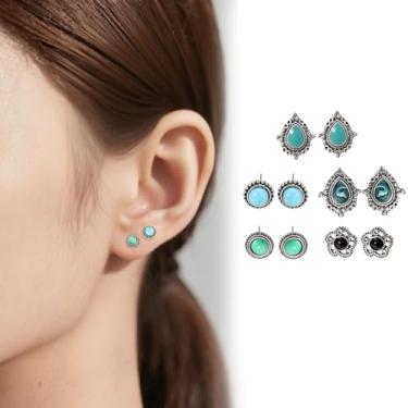 Imagem de Conjunto de brincos femininos turquesa hipoalergênicos, joia turquesa, pedra preciosa redonda, formato de flor, brincos turquesa para mulheres, Medium, Liga de aço, Cristal