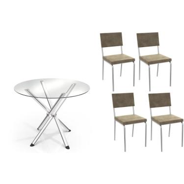 Imagem de Sala de Jantar Completa Volga c/ Tampo de Vidro 95cm e 4 Cadeiras Zaria Cromada - Suede Bege - Kappesberg