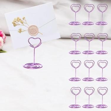 Imagem de 12 peças de porta-números de mesa, porta-cartões de lugar, porta-cartões de visita pequeno, porta-fotos de arame para recepção de casamento, festa de aniversário (roxo, coração)