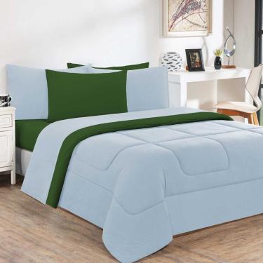 Imagem de Kit Edredom + Jogo De Lençol Malha 100% Algodão 7 Peças Queen - Azul Bebê-verde Bandeira