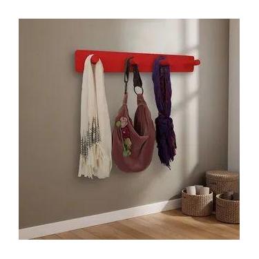 Imagem de Cabideiro de Parede Porta Bolsas Tolhas Mochilas Pinos Vermelho Laca -