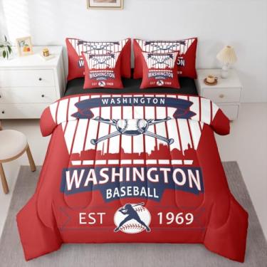 Imagem de Erosebridal Conjunto de edredom de beisebol com lençol de solteiro, para meninos e meninas, time esportivo, 7 peças, jogo de cama de jogador esportivo (Washington)