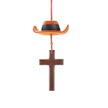 Imagem de Huakaile Chapéu de caubói pingente de carro com cruz, espelho retrovisor ocidental para decoração country vaqueira pendurado ornamento pingente bonito feito à mão feltro acessórios interiores