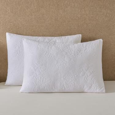 Imagem de YINFUNG Conjunto de 2 fronhas de travesseiro brancas acolchoadas tamanho padrão de algodão bordado floral campestre francês decorativo em relevo