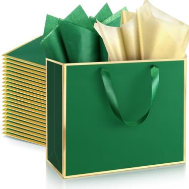 Imagem de ReliThick Pacote com 24 sacos de presente de papel metálico com alças e papel de seda, 20 x 25 x 10 cm, bolsa de agradecimento para madrinha de casamento, padrinhos, presentes de aniversário de 5