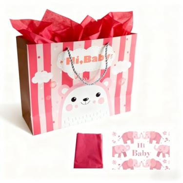 Imagem de Saco grande de presente de bebê de 33 cm para chá de bebê com papel de seda e cartão (rosa)